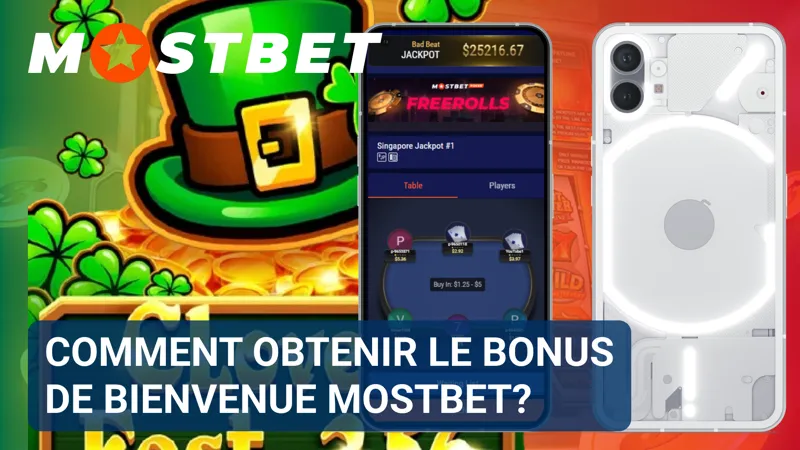 Un écran promotionnel décrit les actions nécessaires pour activer le bonus de bienvenue MostBet.