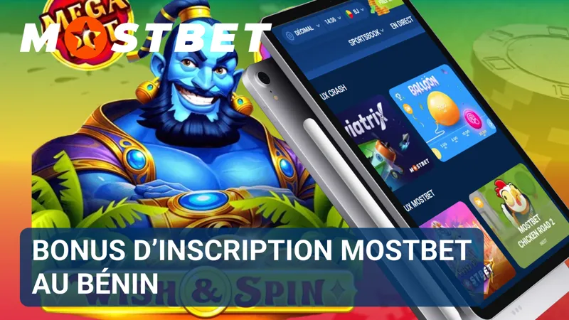 Une bannière du bonus de bienvenue Mostbet présente l’offre d’inscription destinée au marché béninois.